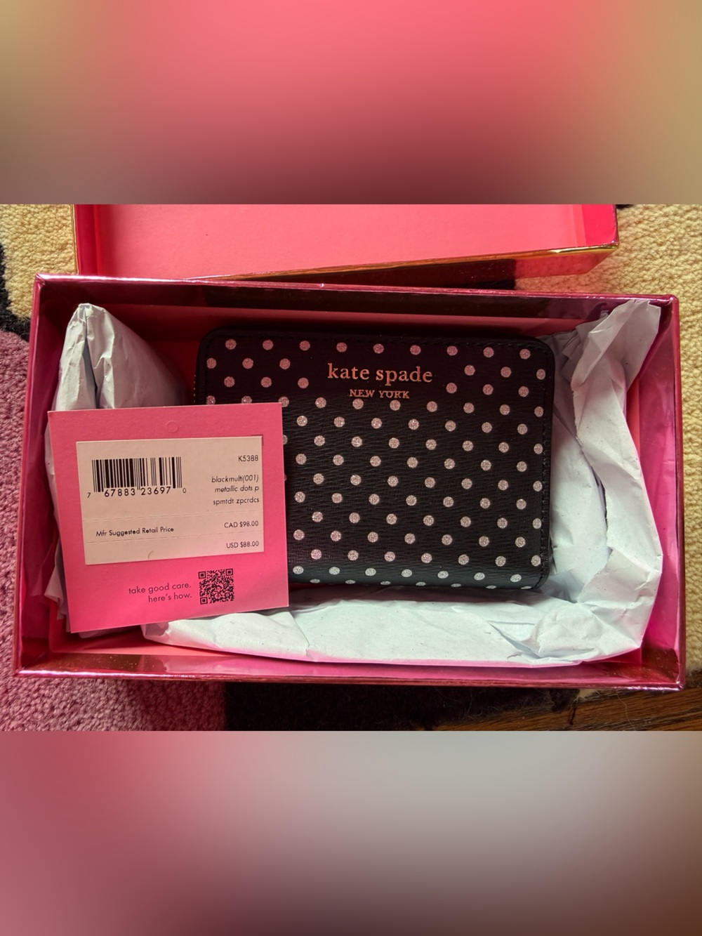 NWT Kate Spade New York Black Glitter Polka Dot Small Zip Wallet